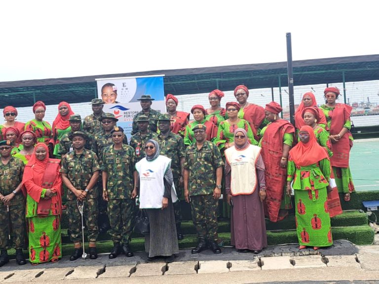 Maj. Gen. MT Usman (GOC 81 Div), Maj. Gen.Tsoho (Director NAEC) and their teams, Pharm (Mrs) Rekiya Usman (Chair, NAOWA 81 Div) and her Team with Dr (Mrs) Halima L. Alimi with Team Restore